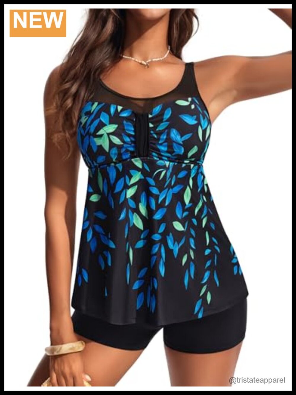 Women's Two Piece Tankini Swimsuit Mesh Flow Top with Boyshorts